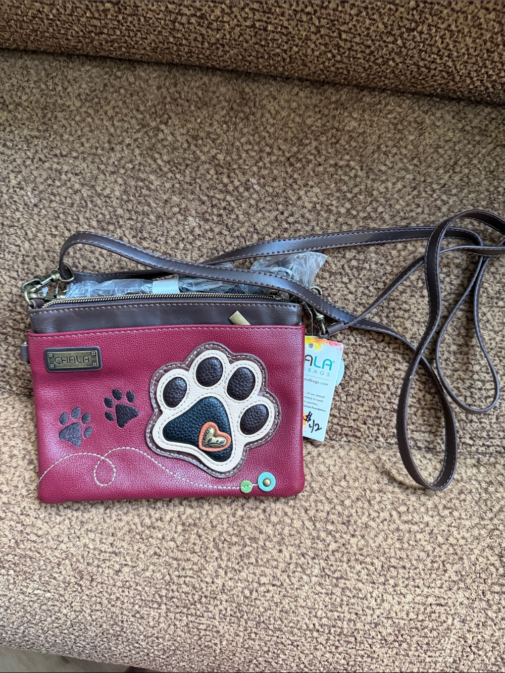 Chala Burgundy Crossbody Bag with Brown Strap and Paw Applique